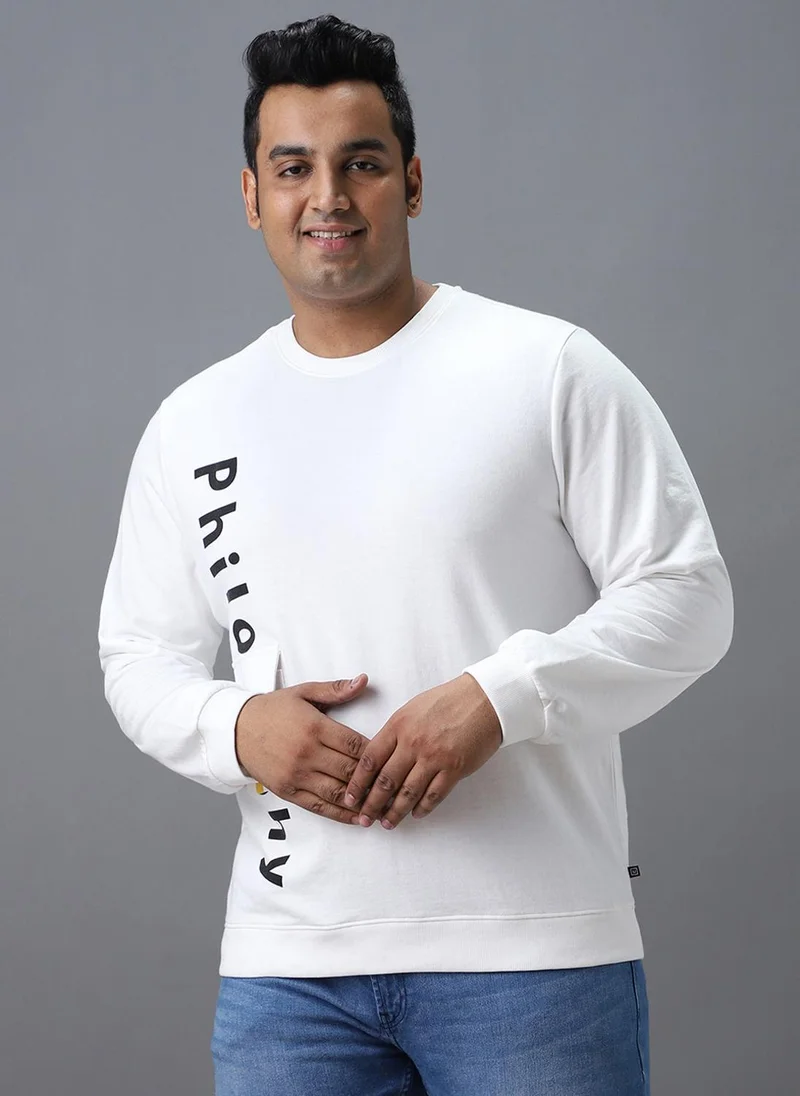 Urbano Plus Men's White Cotton Graphic Print Round Neck Sweatshirt